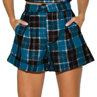 Shorts Onça Preta Alfaiataria Xadrez In24 Azul Feminino