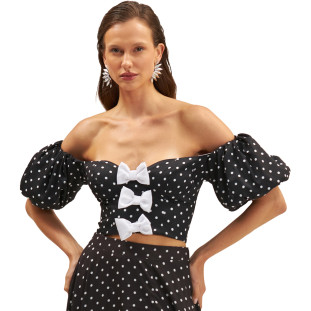 Top Onça Preta Manga Bufante Poa Ve25 Preto Feminino