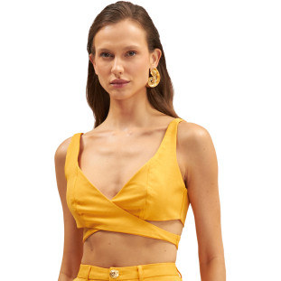 Top Onça Preta Transpassado Cut Off Ve25 Amarelo Feminino