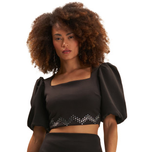 Top Cropped Onça Preta Strass Ve25 Preto Feminino