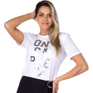 Tshirt Onça Preta Abotoadura VE22 Branco Feminino