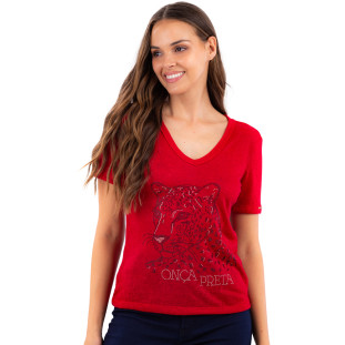 T-Shirt Onça Preta Decote V Pedraria VE24 Vermelho Feminino