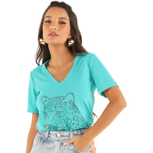 T-Shirt Onça Preta Decote V Pedraria VE24 Verde Feminino