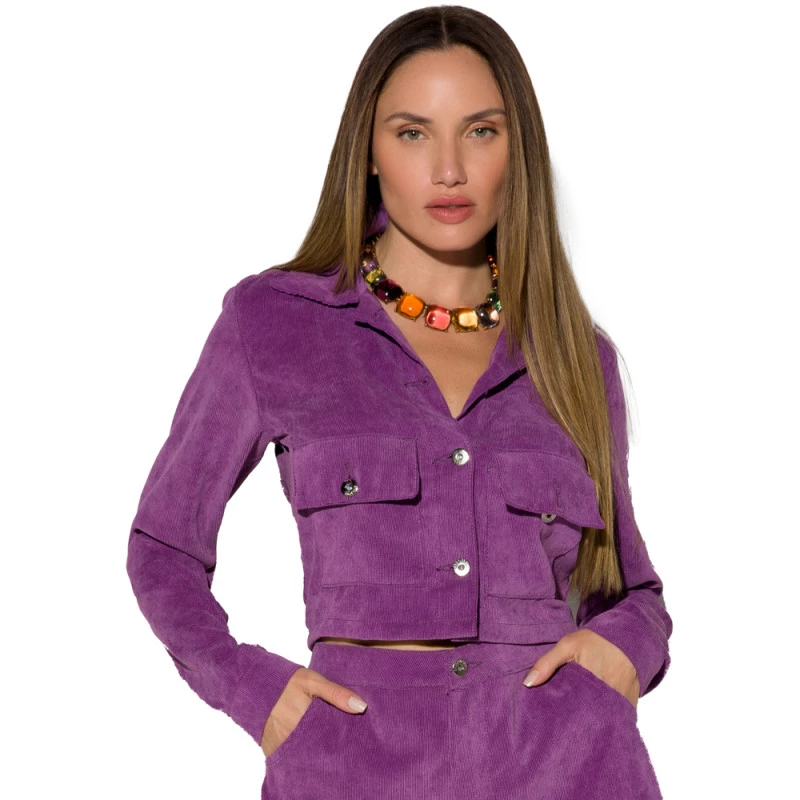 Jaqueta Jeans Onça Preta Bolsos Veludo In24 Lilás Feminino