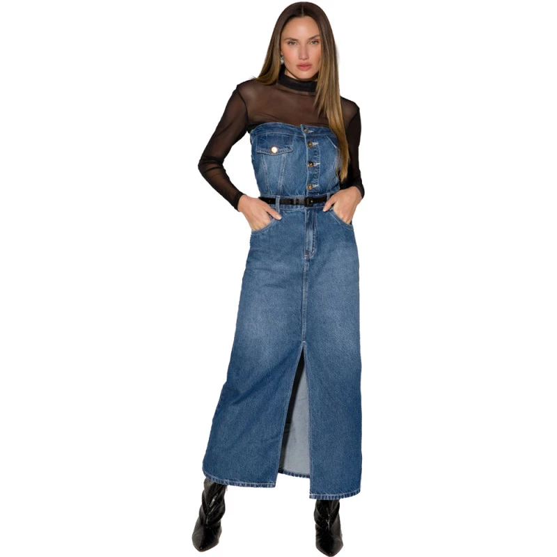 Vestido Jeans Onça Preta Midi Tomara Que Caia In24 Azul Feminino