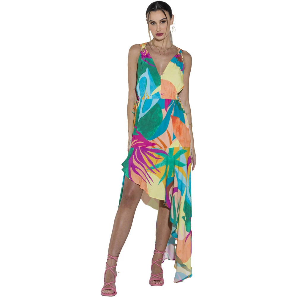 Vestido Longo Onça Preta Fenda Lateral Av23 Amarelo Feminino