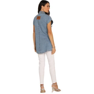 Camisa Jeans Onça Preta Strass AV24 Azul Feminino