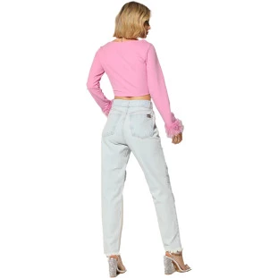 Calça Jeans Mom Onça Preta Strass I23 Azul Feminino
