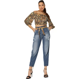 Calça Jeans Onça Preta Cinto Dourado IN23 Azul Feminino
