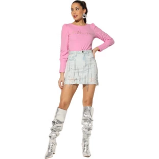 Saia Jeans Onça Preta Correntes IN23 Azul Feminino