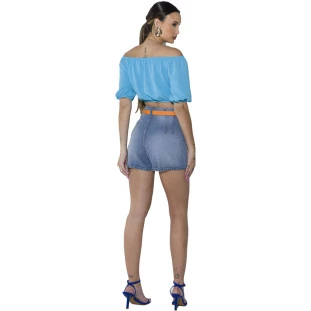 Blusa Onça Preta Ciganinha Bufante Av23 Azul Feminino