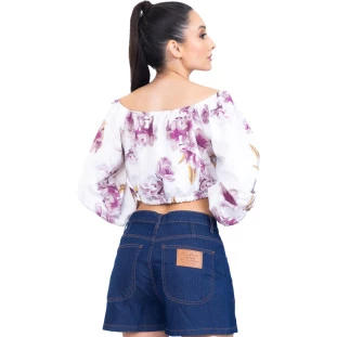 Blusa Onça Preta Ciganinha Floral PR23 Off White Feminino
