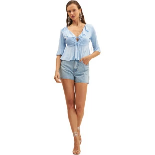 Blusa Onça Preta Babados Ve25 Azul Feminino