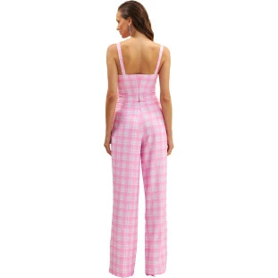 Calça Onça Preta Reta Xadrez Ve25 Rosa Feminino