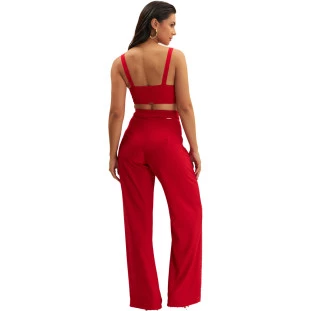 Calça Onça Preta Wideleg Strass Ve25 Vermelho Feminino