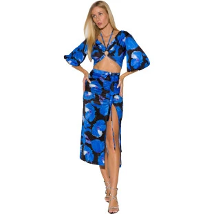 Saia Onça Preta Midi Estampada In24 Azul Feminino