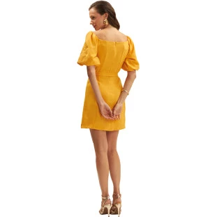 Vestido Curto Onça Preta Manga Bufante Ve25 Amarelo Feminino