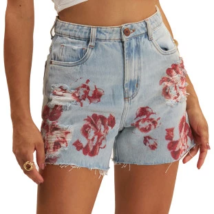 Bermuda Jeans Onça Preta Digital Flores Ve25 Azul Feminino