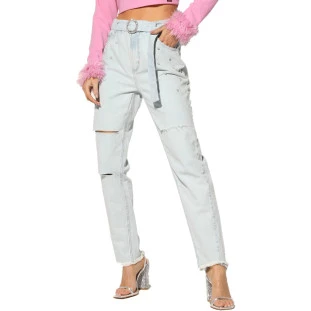 Calça Jeans Mom Onça Preta Strass I23 Azul Feminino