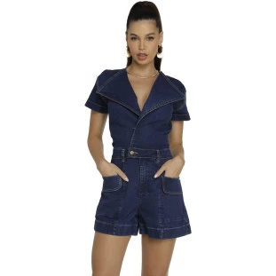 Macaquinho Jeans Onça Preta Maxi Gola V23 Azul Feminino