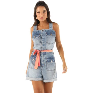 Macaquinho Jeans Onça Preta Com Bolso VE24 Azul Feminino