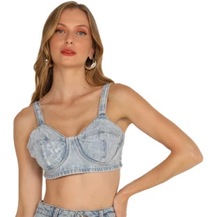 Top Jeans Onça Preta Puidos No Busto AV24 Azul Feminino