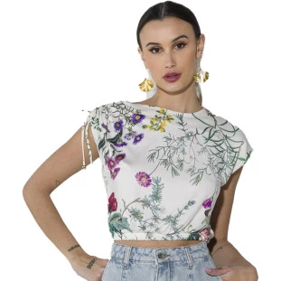 Blusa Cropped Onça Preta Estampado Com Tunel O23 Branco Feminino