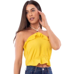Blusa Cropped Onça Preta Babados Av23 Amarelo Feminino