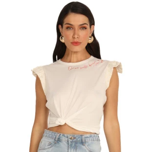 Blusa Onça Preta Bordado Manga Laise AV24 Off White Feminino