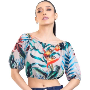 Blusa Onça Preta Ciganinha Cropped Floral PR23 Bege Feminino