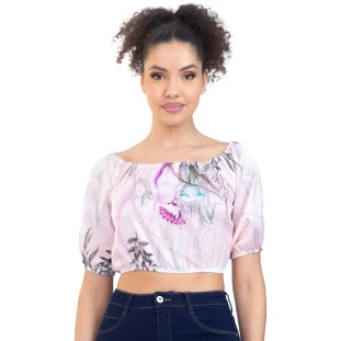 Blusa Onça Preta Ciganinha Cropped Birds PR23 Azul Feminino
