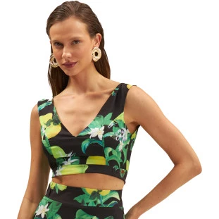 Blusa Cropped Onça Preta Amarracao Ve25 Preto Feminino