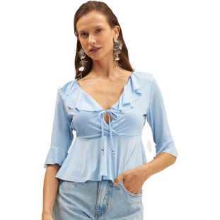 Blusa Onça Preta Babados Ve25 Azul Feminino