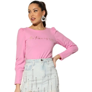Blusa Onça Preta Manga Presunto Malha I23 Rosa Feminino