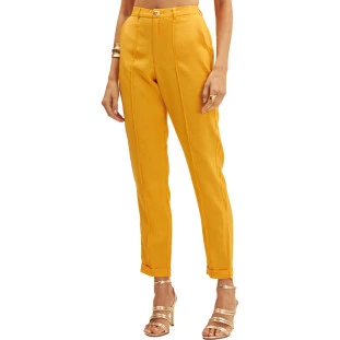 Calça Onça Preta Reta Frizo Ve25 Amarelo Feminino