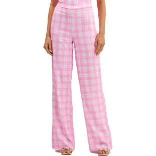 Calça Onça Preta Reta Xadrez Ve25 Rosa Feminino