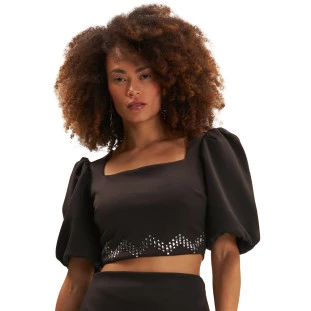 Top Cropped Onça Preta Strass Ve25 Preto Feminino