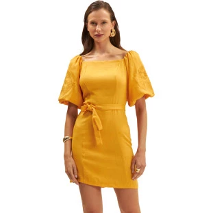Vestido Curto Onça Preta Manga Bufante Ve25 Amarelo Feminino